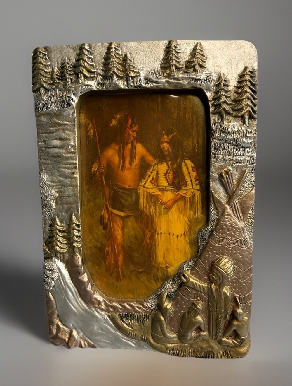 Vtg Photo Picture Frame 3D Native American Scene Teepee Forest Vel Miller Insert